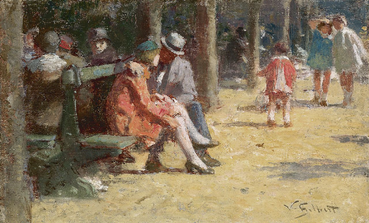 Gilbert V.G.  | Victor Gabriel Gilbert, Courting on a bench, Place des Vosges, Paris, oil on panel 13.6 x 22.0 cm, signed l.r.