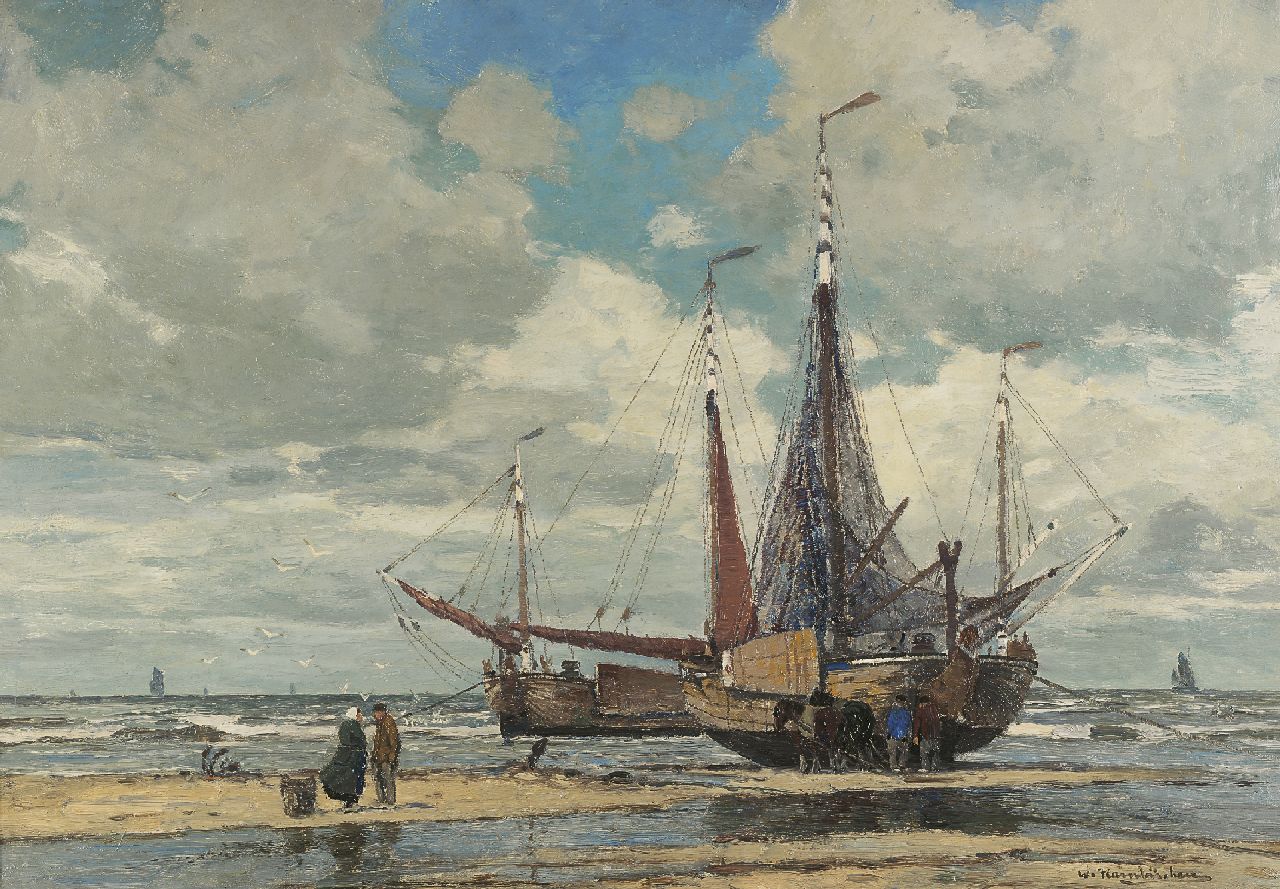 Hambüchen W.  | Wilhelm Hambüchen, Herring fishermen on the beach, oil on canvas 66.6 x 95.7 cm, signed l.r.