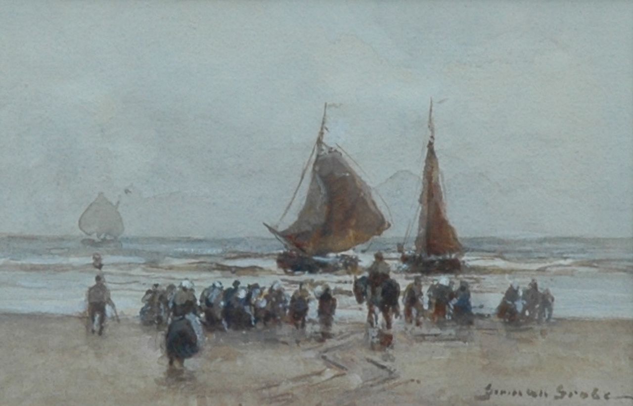 Grobe P.G.  | Philipp 'German' Grobe, Return of the fishing fleet, watercolour on paper 9.5 x 14.0 cm, signed l.r.