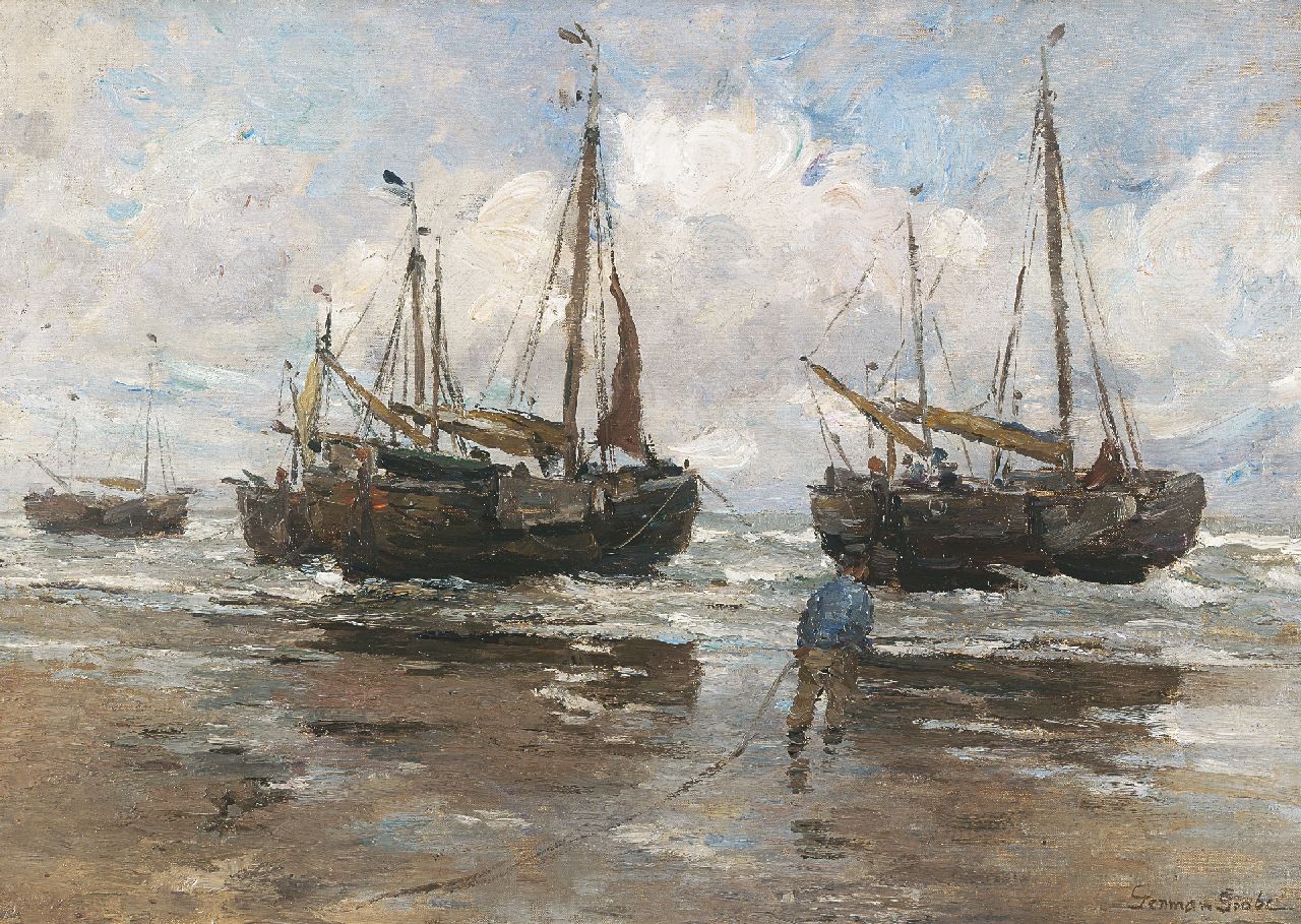 Grobe P.G.  | Philipp 'German' Grobe, Fishing boats on the beach, oil on canvas laid down on board 43.9 x 62.8 cm, signed l.r.