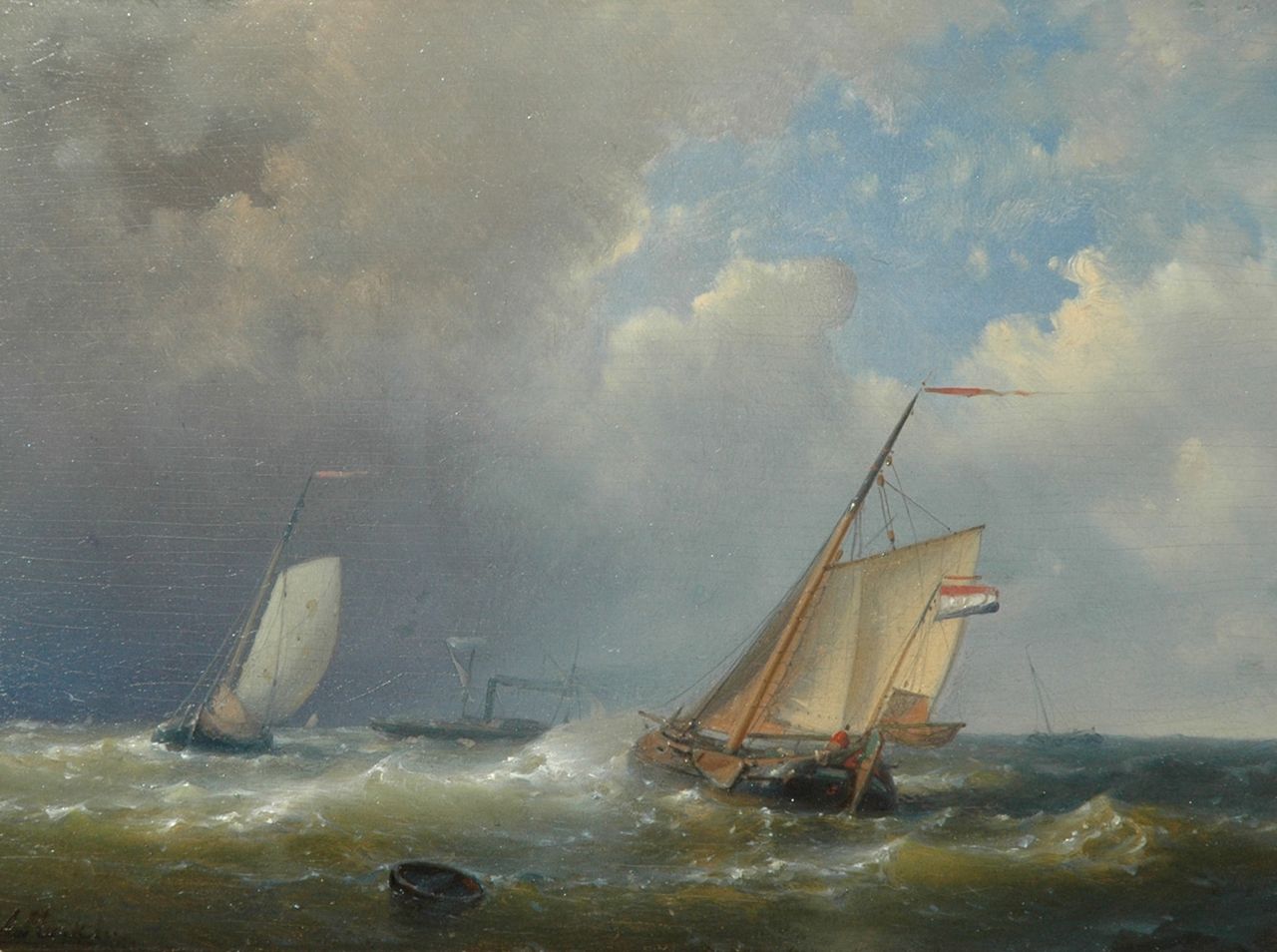 Hulk A.  | Abraham Hulk, Dutch ships sailing in choppy seas, oil on panel 18.0 x 24.6 cm, signed l.l.
