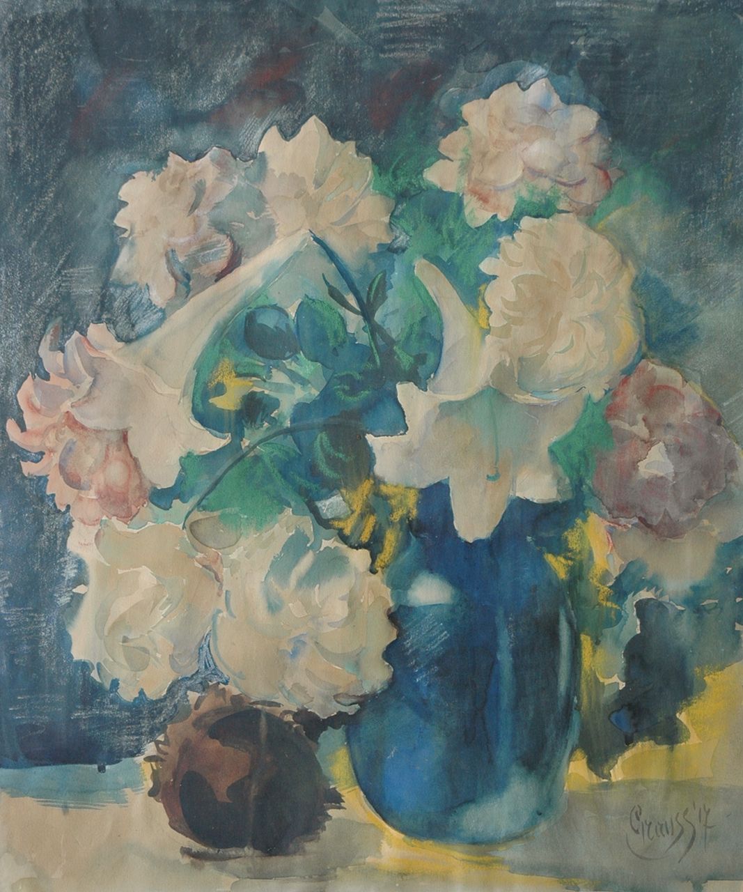 Grauss G.H.  | Gerardus Hendrik 'Geert' Grauss, Flowers in a blue vase, pastel and watercolour on paper 67.8 x 56.4 cm, signed l.r. and dated '17