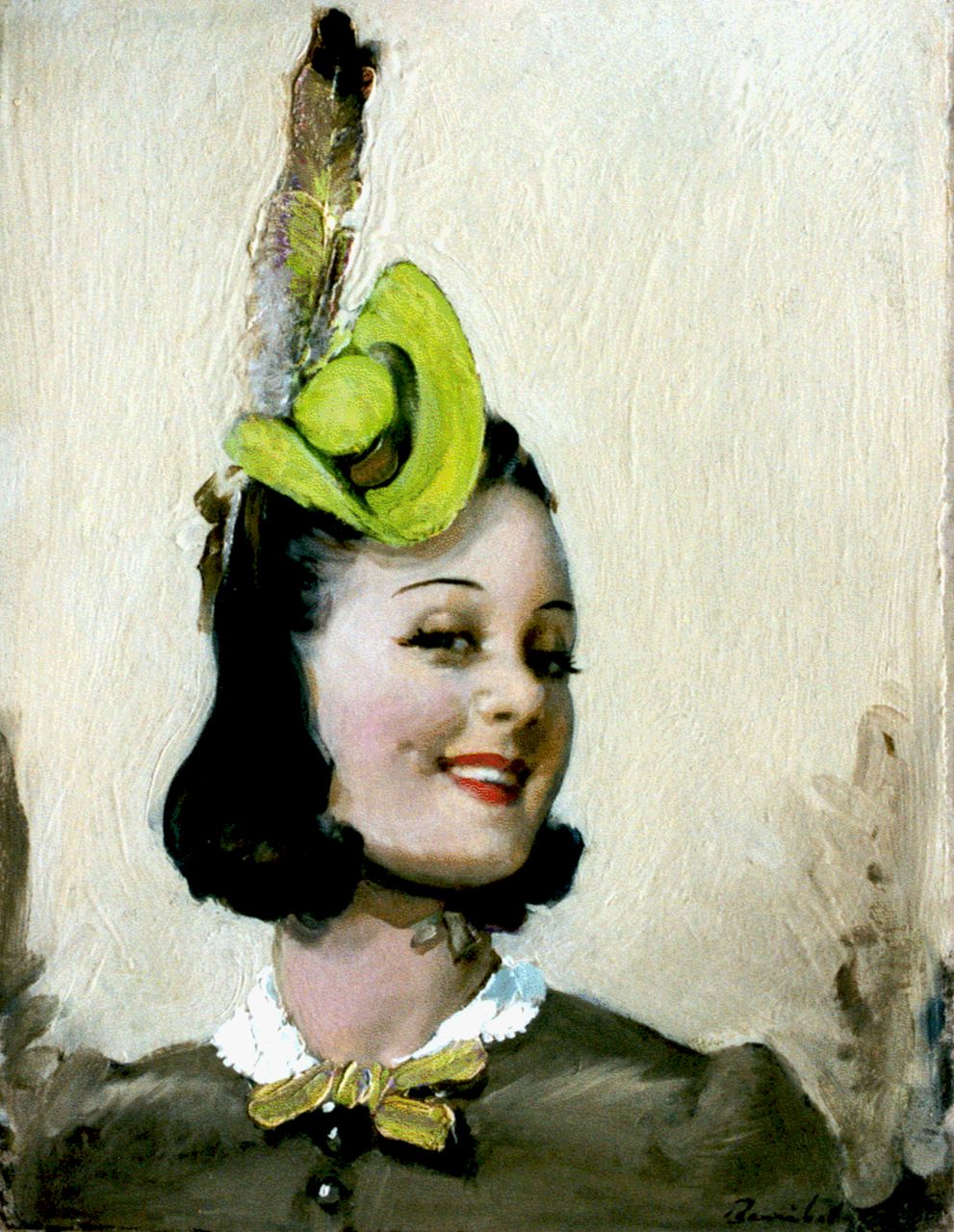 Barribal W.H.  | William H. Barribal, A lady with a green hat, oil on painter's board 42.8 x 32.8 cm, signed l.r.