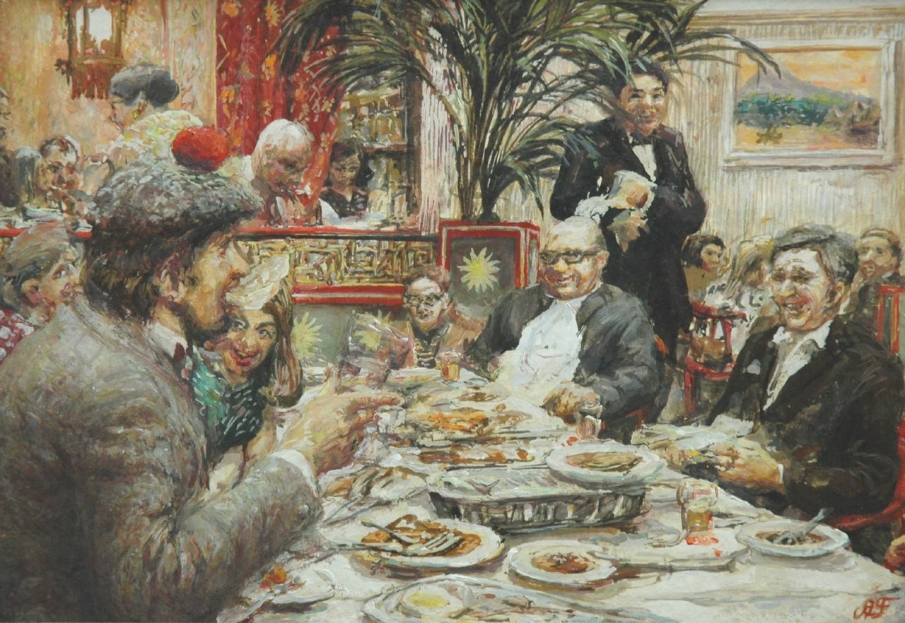 Nouhuys A.F. van | 'Andrew' Frederick van Nouhuys, Festive dinner at the Indonesian restaurant, gouache on paper laid down on board 24.8 x 34.7 cm, signed l.r. with monogram
