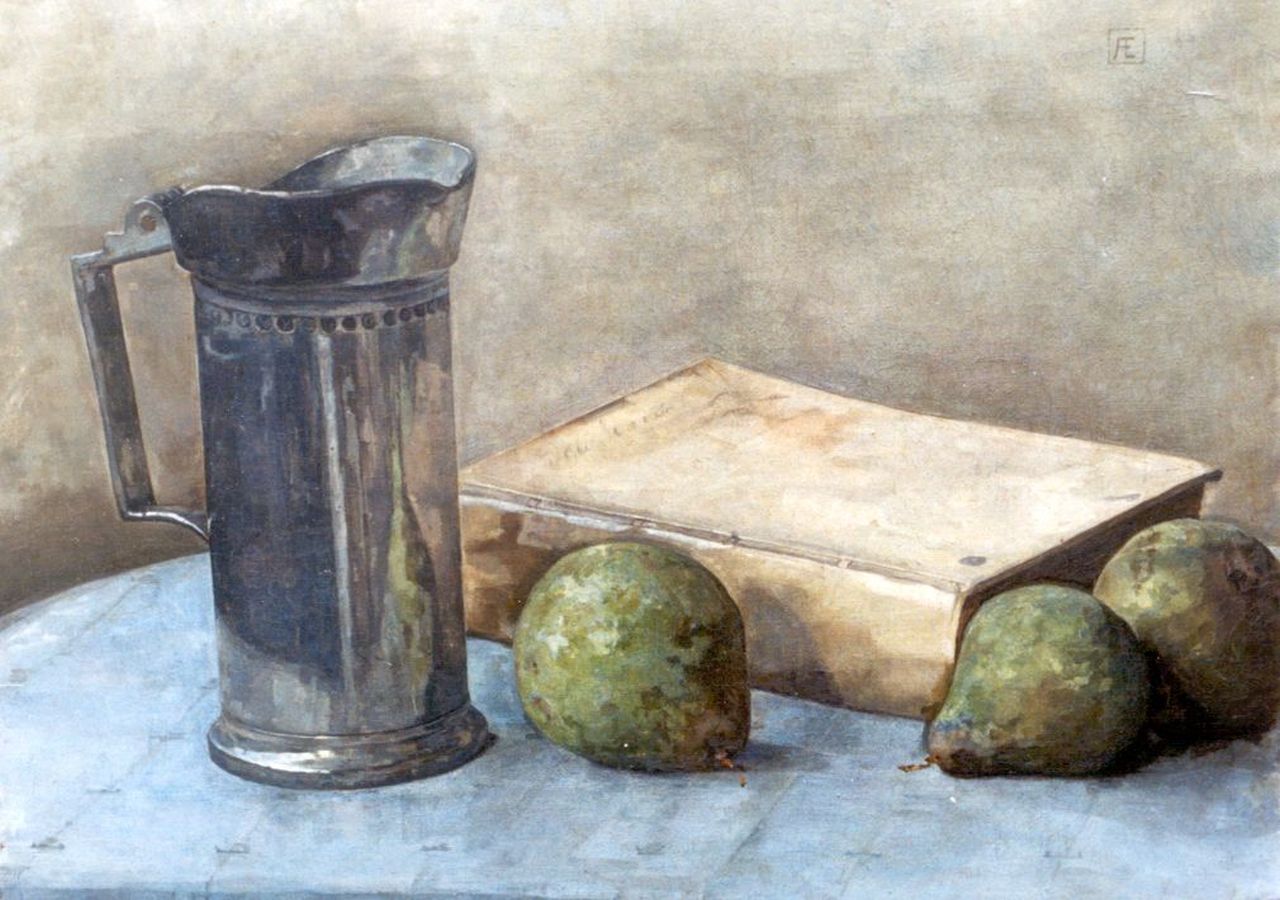 Egter van Wissekerke A.W.E.M.  | Anna Wilhelmina Elisabeth Maria 'Antje' Egter van Wissekerke, A still life with a tin jug, a boek and three pears, oil on canvas 28.6 x 39.0 cm, signed u.r. with mon. and dated nov. '08