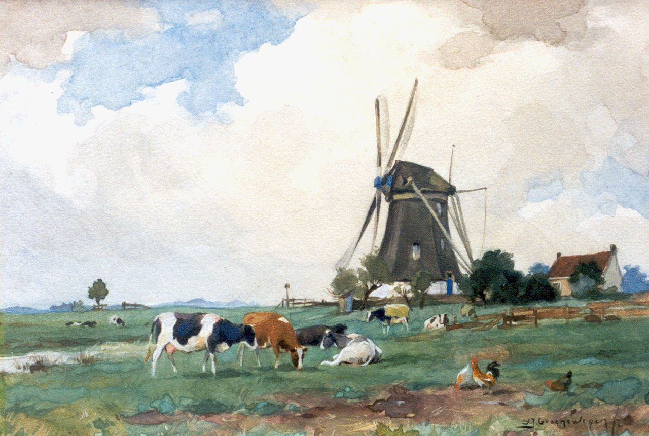 Groenewegen A.J.  | Adrianus Johannes Groenewegen, Cows and chickens near a windmill, watercolour on paper 18.3 x 26.3 cm, signed l.r.