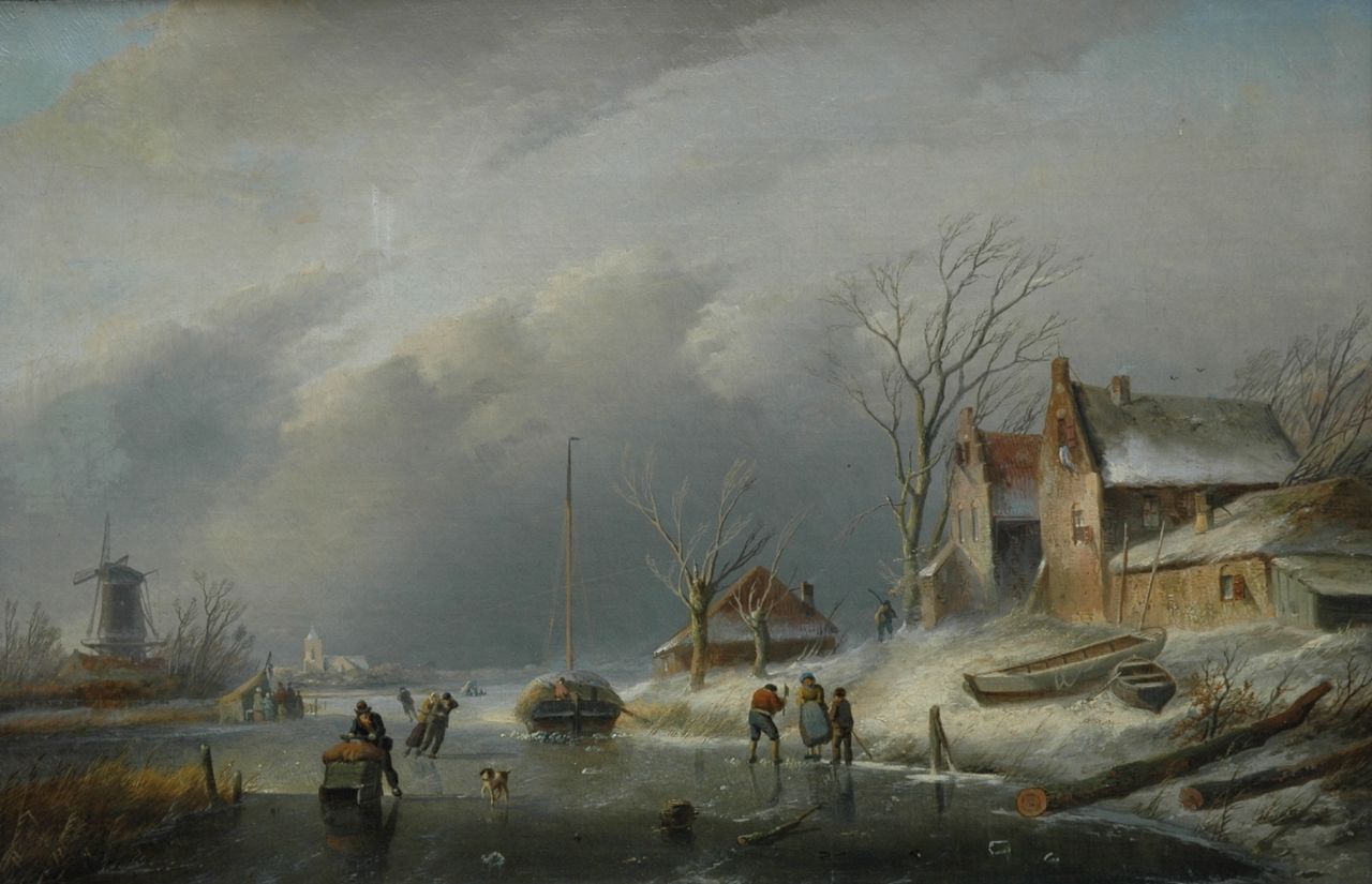 Spohler J.J.  | Jan Jacob Spohler, A winter landscape with skaters on the ice, oil on canvas 40.0 x 60.8 cm, signed l.l.