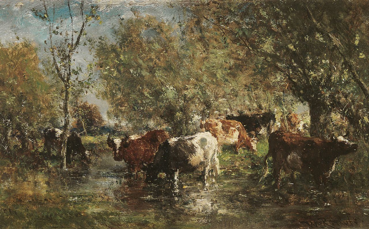 Roelofs W.  | Willem Roelofs, Drinking cows on the waterside, oil on panel 17.2 x 27.1 cm, signed l.r.