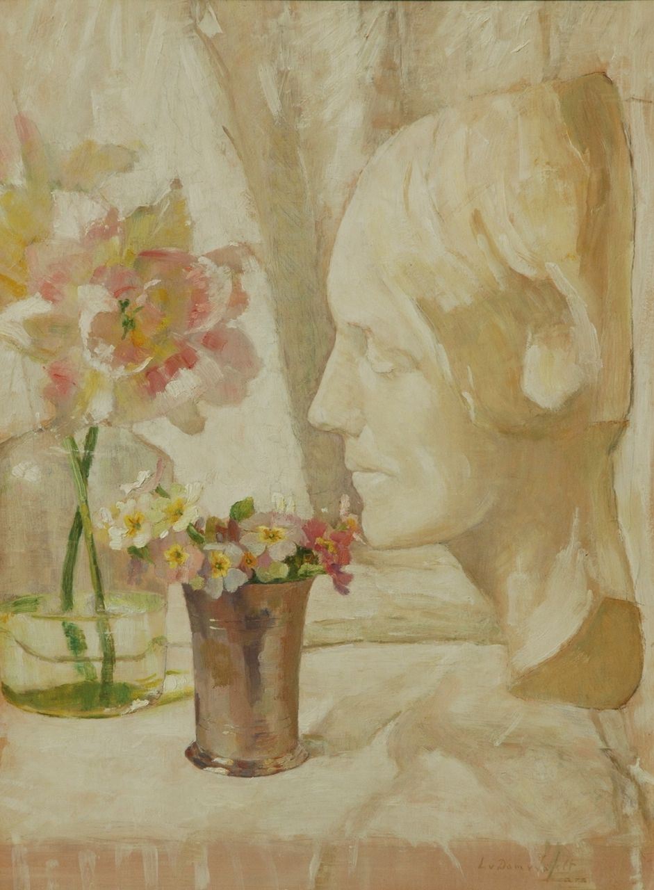 Dam van Isselt L. van | Lucie van Dam van Isselt, A still life with flowers and a plaster statue, oil on panel 44.1 x 32.7 cm, signed l.r. and dated 1919 on the reverse