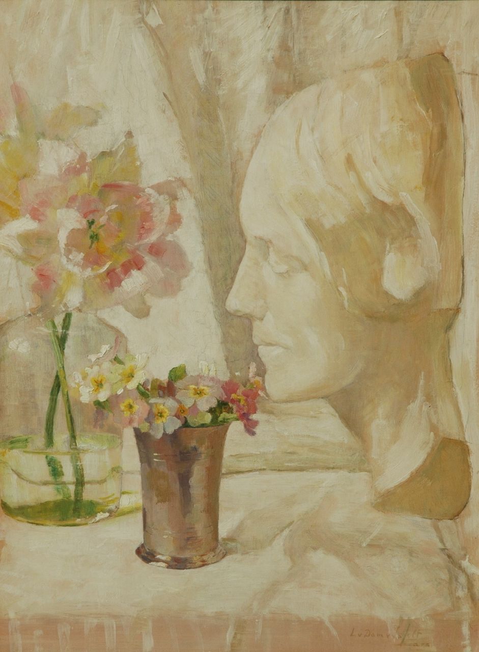 Dam van Isselt L. van | Lucie van Dam van Isselt, A still life with flowers and a plaster statue, oil on panel 44.1 x 32.7 cm, signed l.r. and dated 1919 on the reverse