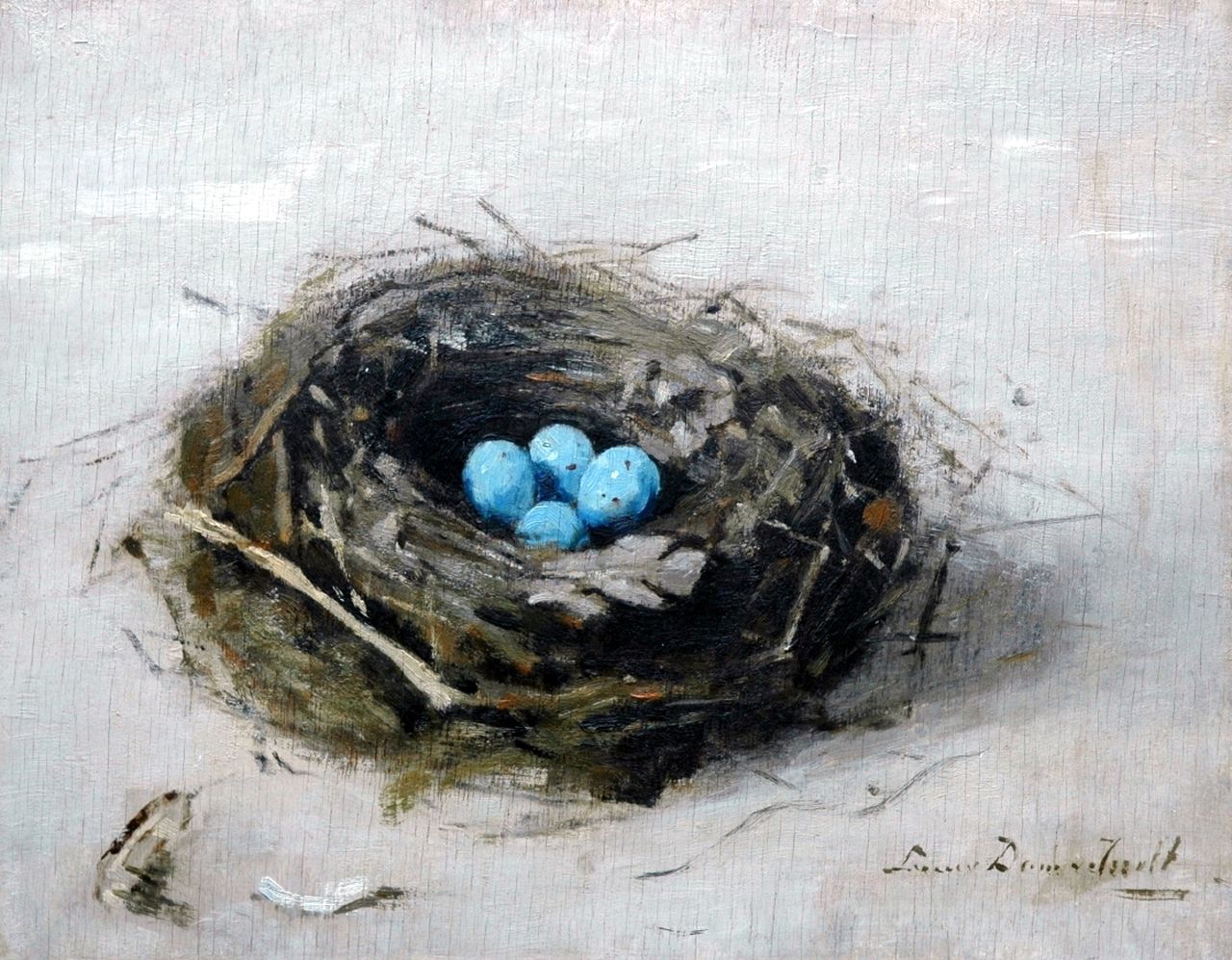Dam van Isselt L. van | Lucie van Dam van Isselt, A bird's nest, oil on panel 27.2 x 34.8 cm, signed l.r.