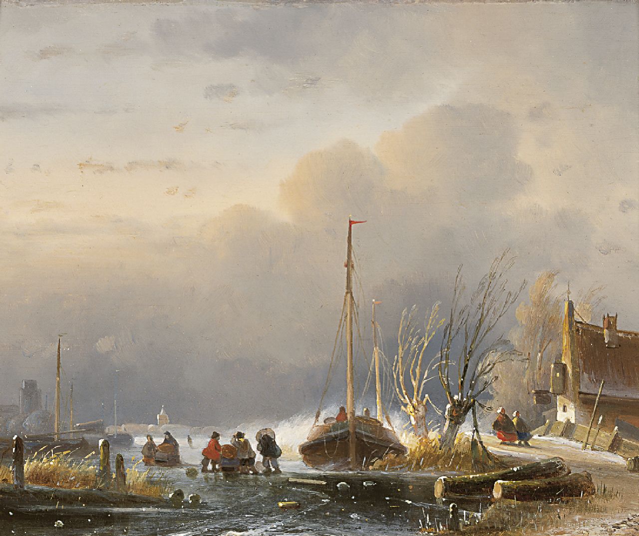 Hoen C.P. 't | Cornelis Petrus 't Hoen, Skaters on a frozen river, oil on panel 18.5 x 23.3 cm, signed l.r. and '67 or '69