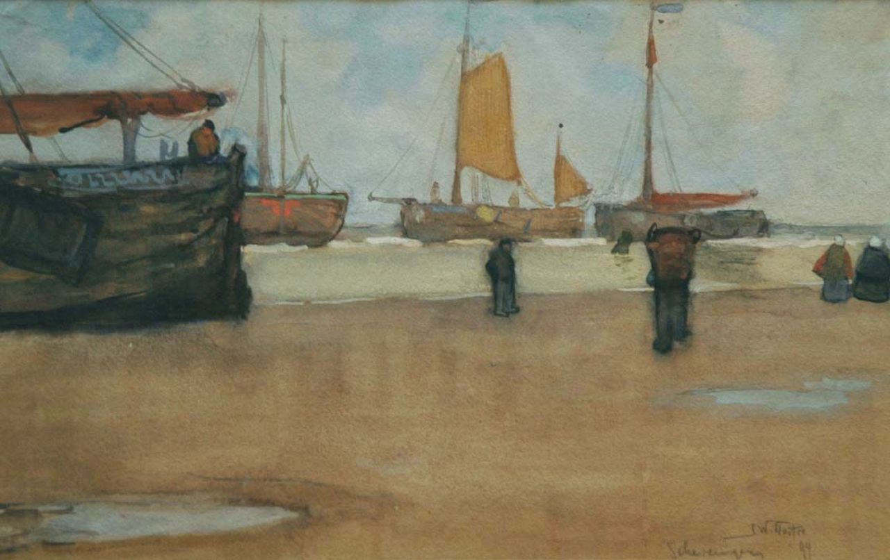 Sluiter J.W.  | Jan Willem 'Willy' Sluiter, Fishing boats from Scheveningen, watercolour on paper 26.0 x 41.5 cm, signed l.r. and dated 'Scheveningen '94'