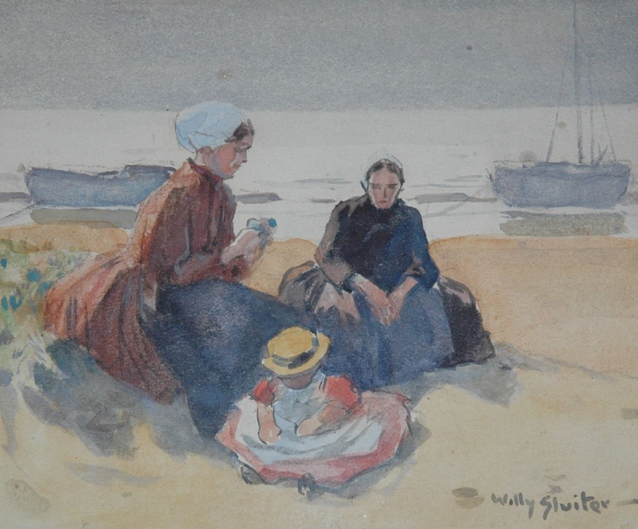 Sluiter J.W.  | Jan Willem 'Willy' Sluiter, Fisherwomen in the dunes, watercolour on paper 11.0 x 13.5 cm, signed l.r.