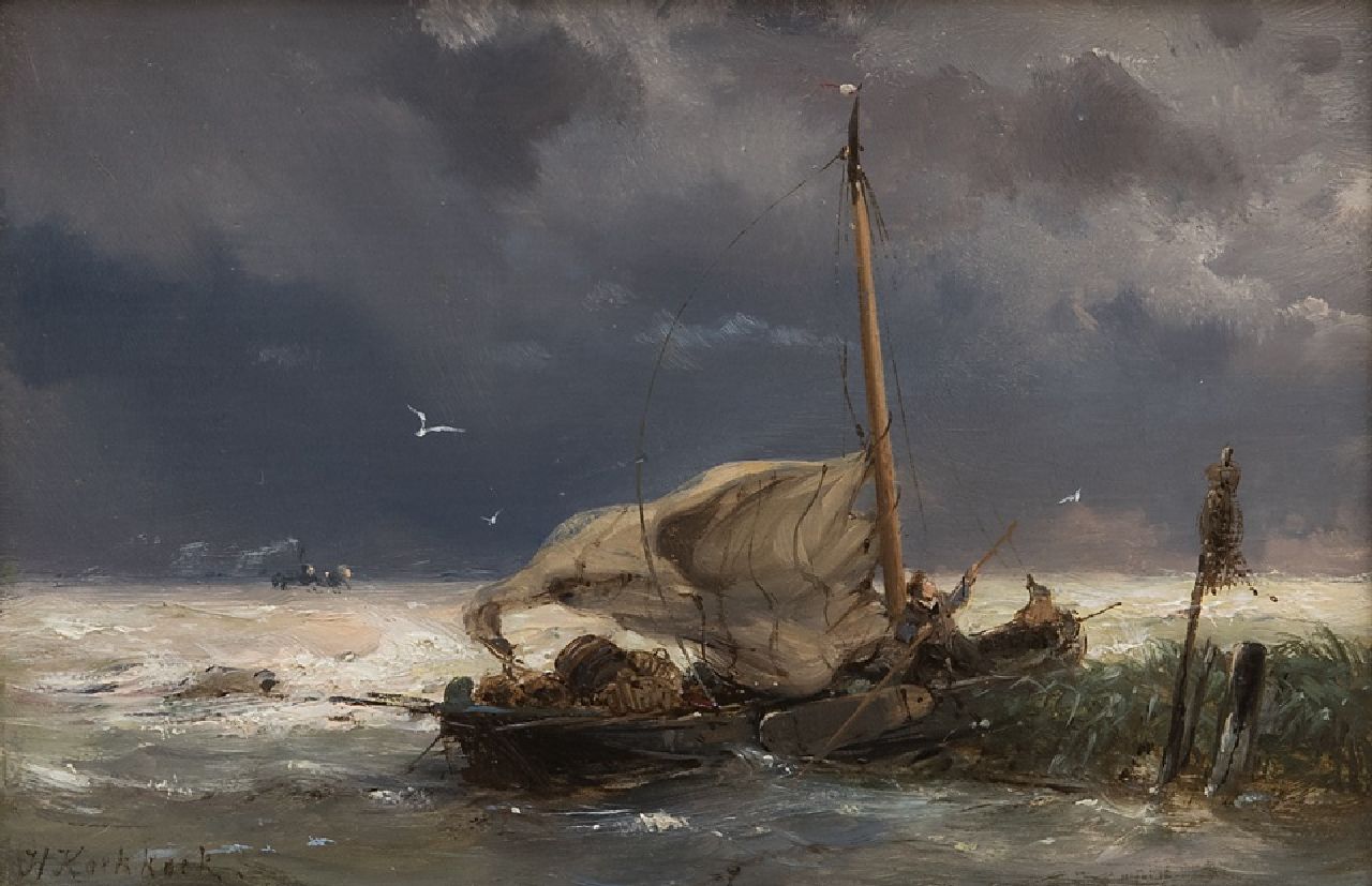 Koekkoek H.  | Hermanus Koekkoek, Fishing boat and steamer in a storm, oil on panel 10.7 x 16.0 cm, signed l.l. and VERKOCHT