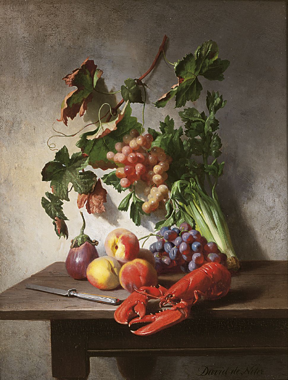 Noter D.E.J. de | 'David' Emile Joseph de Noter, A still life with fruits, vegetables and a lobster, oil on panel 37.0 x 28.3 cm, signed l.r.