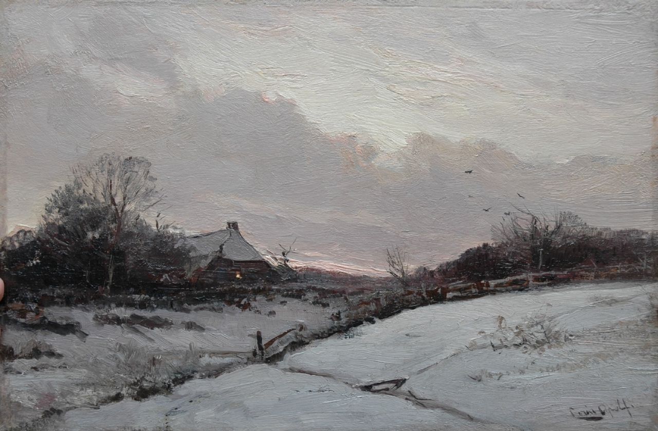 Apol L.F.H.  | Lodewijk Franciscus Hendrik 'Louis' Apol, Farm in the snow at sunset, oil on panel 27.5 x 42.0 cm, signed l.r.