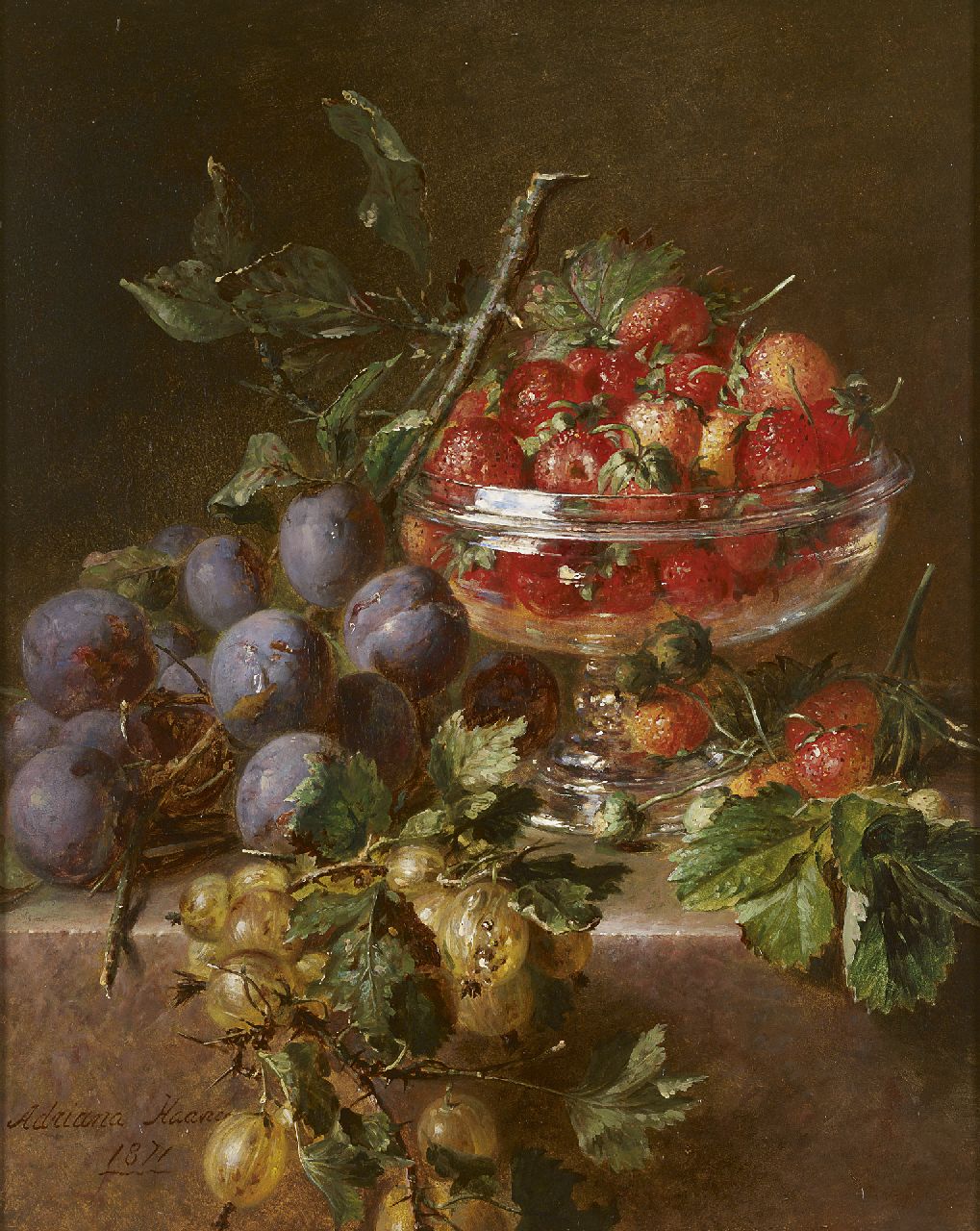 Haanen A.J.  | Adriana Johanna Haanen, Fruit still life, oil on panel 38.3 x 30.3 cm, signed l.l. and dated 1871