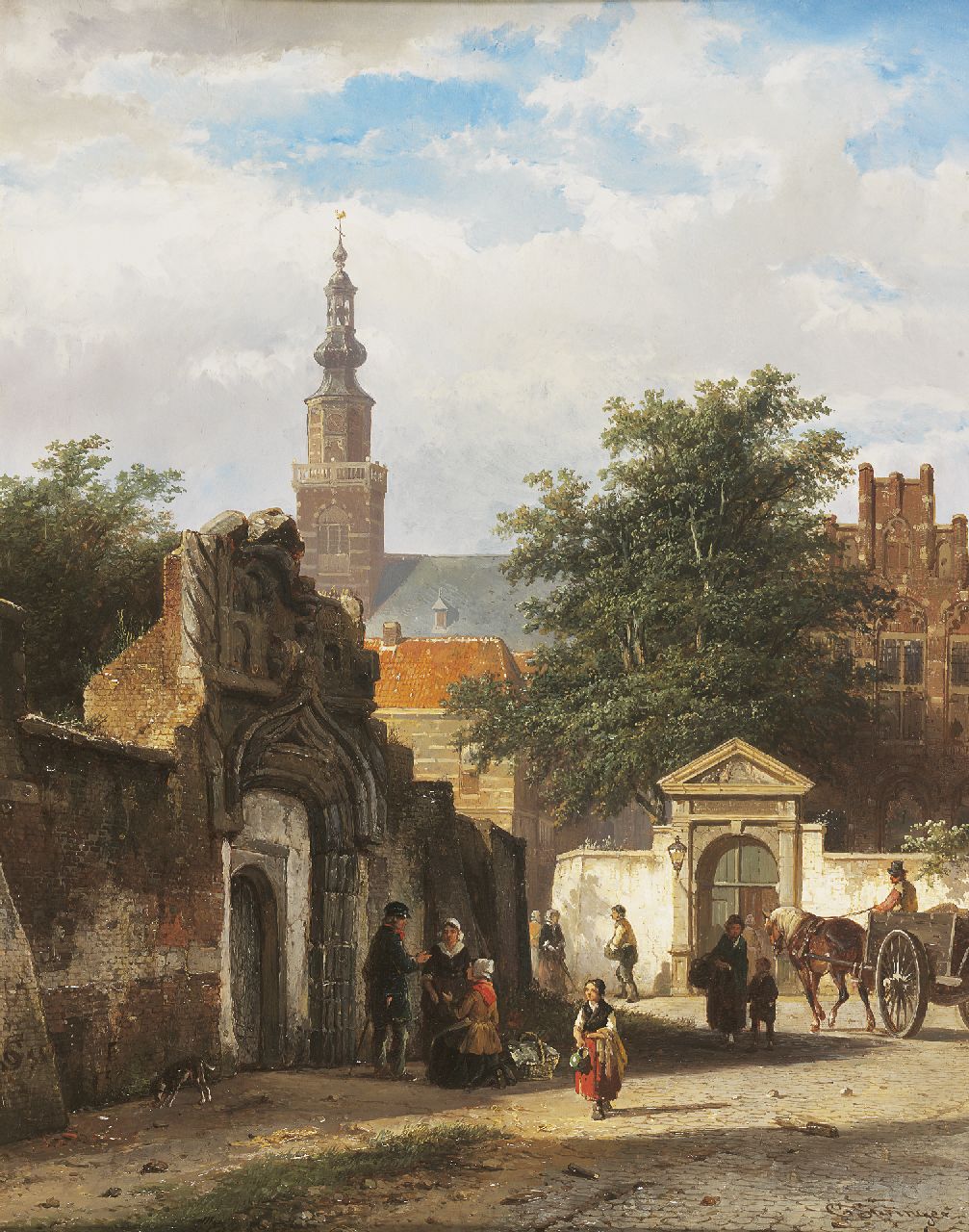 Springer C.  | Cornelis Springer, At the entrance of the former St. Catharina convent in Brielle, oil on panel 49.1 x 38.6 cm, signed l.r. in full and l.l. with monogram and reverse and dated '55