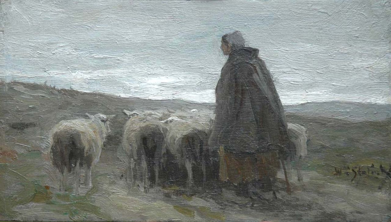 Steelink jr. W.  | Willem Steelink jr., Sheep with shepherdess, oil on panel 13.1 x 22.9 cm, signed l.r.