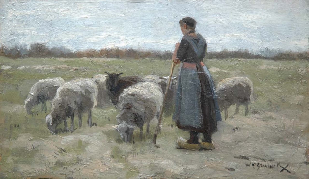 Steelink jr. W.  | Willem Steelink jr., Shepherdess with flock, oil on panel 13.0 x 21.9 cm, signed l.r.