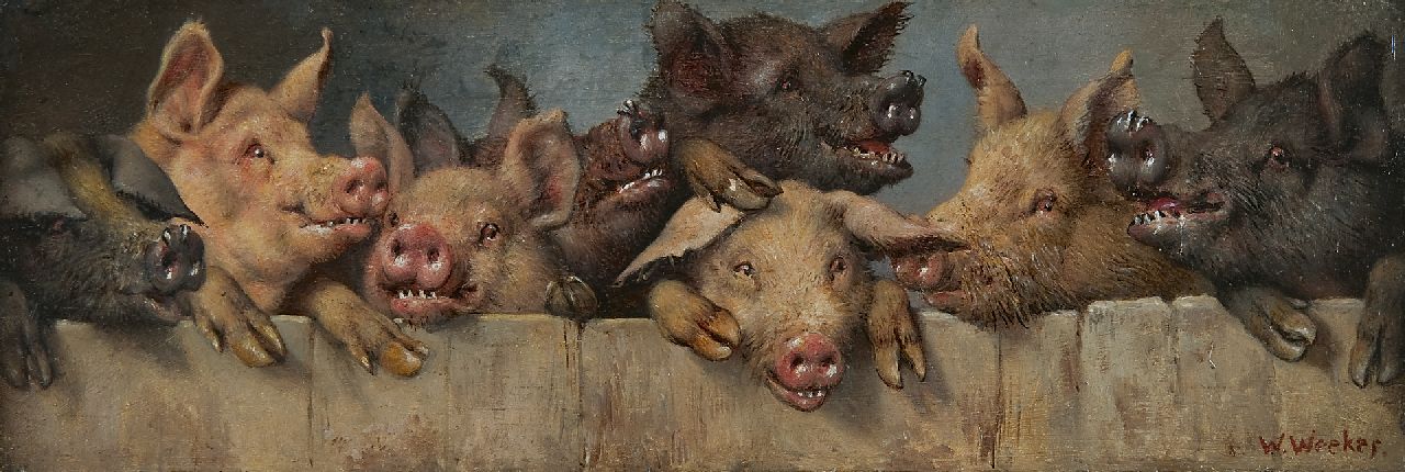 Weekes H.W.  | Herbert 'William' Weekes, Pigs in a sty, oil on painter's board 13.0 x 38.1 cm, signed l.r.