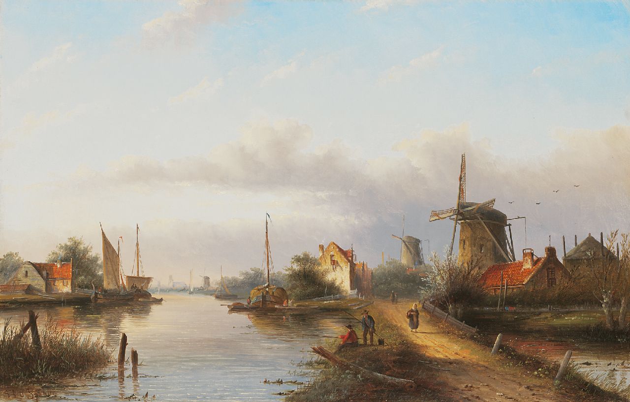 Spohler J.J.C.  | Jacob Jan Coenraad Spohler, Dutch river view with windmills and two anglers, oil on canvas 43.1 x 67.2 cm, signed l.l.
