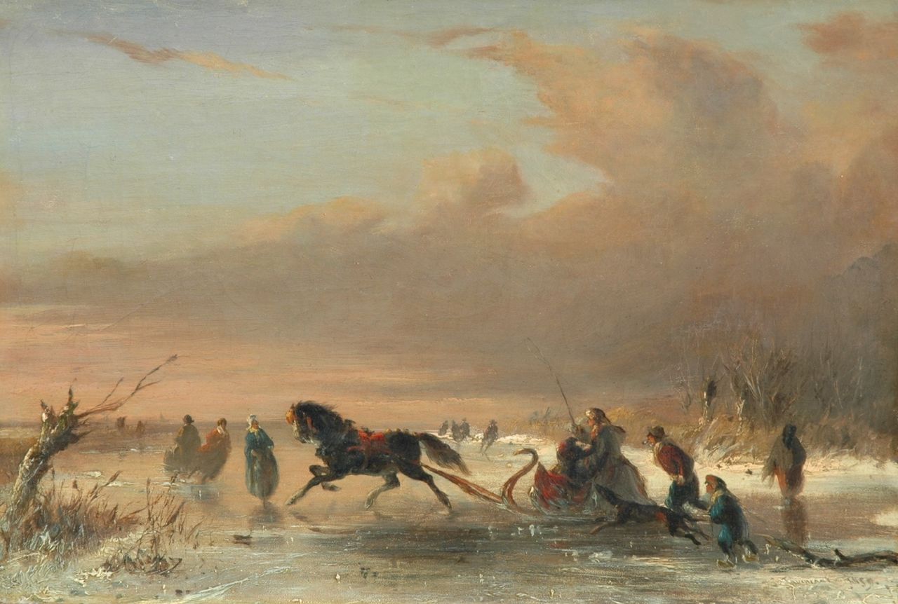 Tavenraat J.  | Johannes Tavenraat, Horse-sledge on the ice, oil on canvas 31.3 x 46.2 cm, signed l.r. and dated 1859