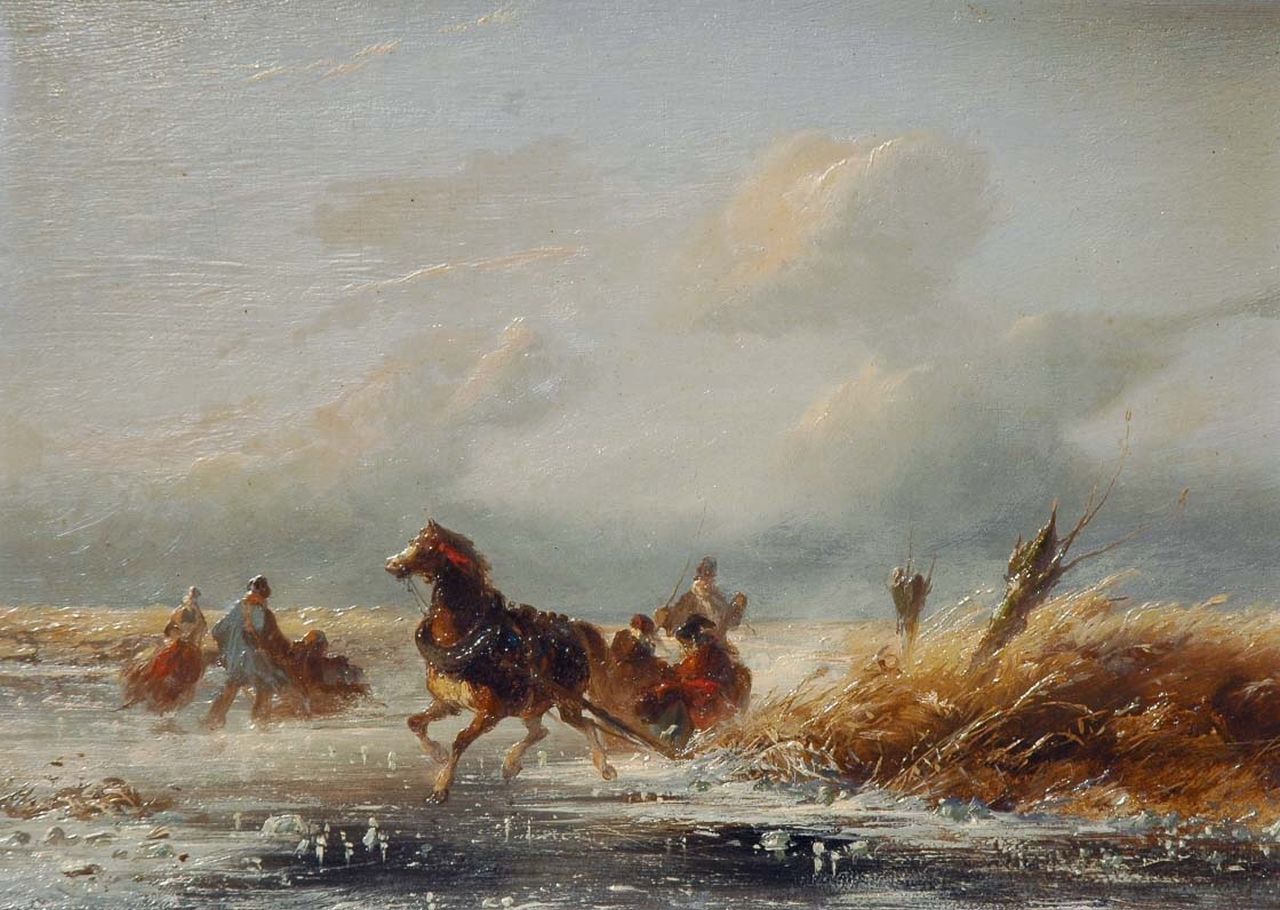 Tavenraat J.  | Johannes Tavenraat, Horse-sledge on the ice, oil on panel 20.6 x 29.4 cm, signed l.l. and dated 1851