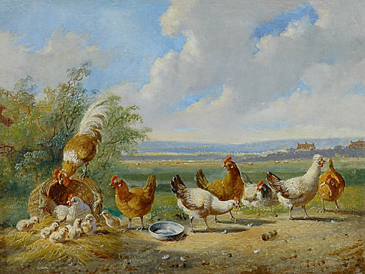 Verhoesen A.  | Albertus Verhoesen, Poultry in an extensive landscape, oil on panel 14.5 x 19.0 cm, signed l.c. and painted 1880