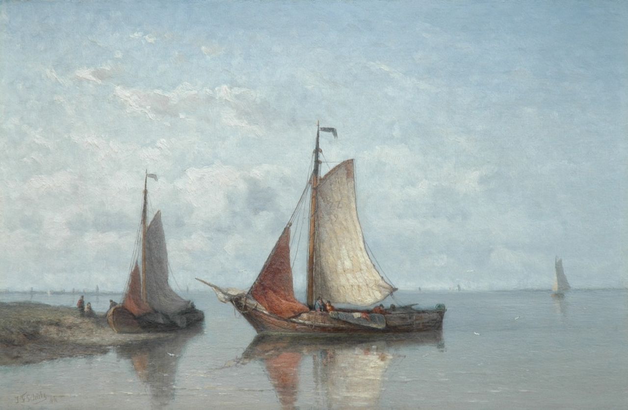 Schütz J.F.  | Jan Frederik Schütz, Fishing boats from Zierikzee in a calm, oil on panel 32.5 x 49.2 cm, signed l.l. and dated '84