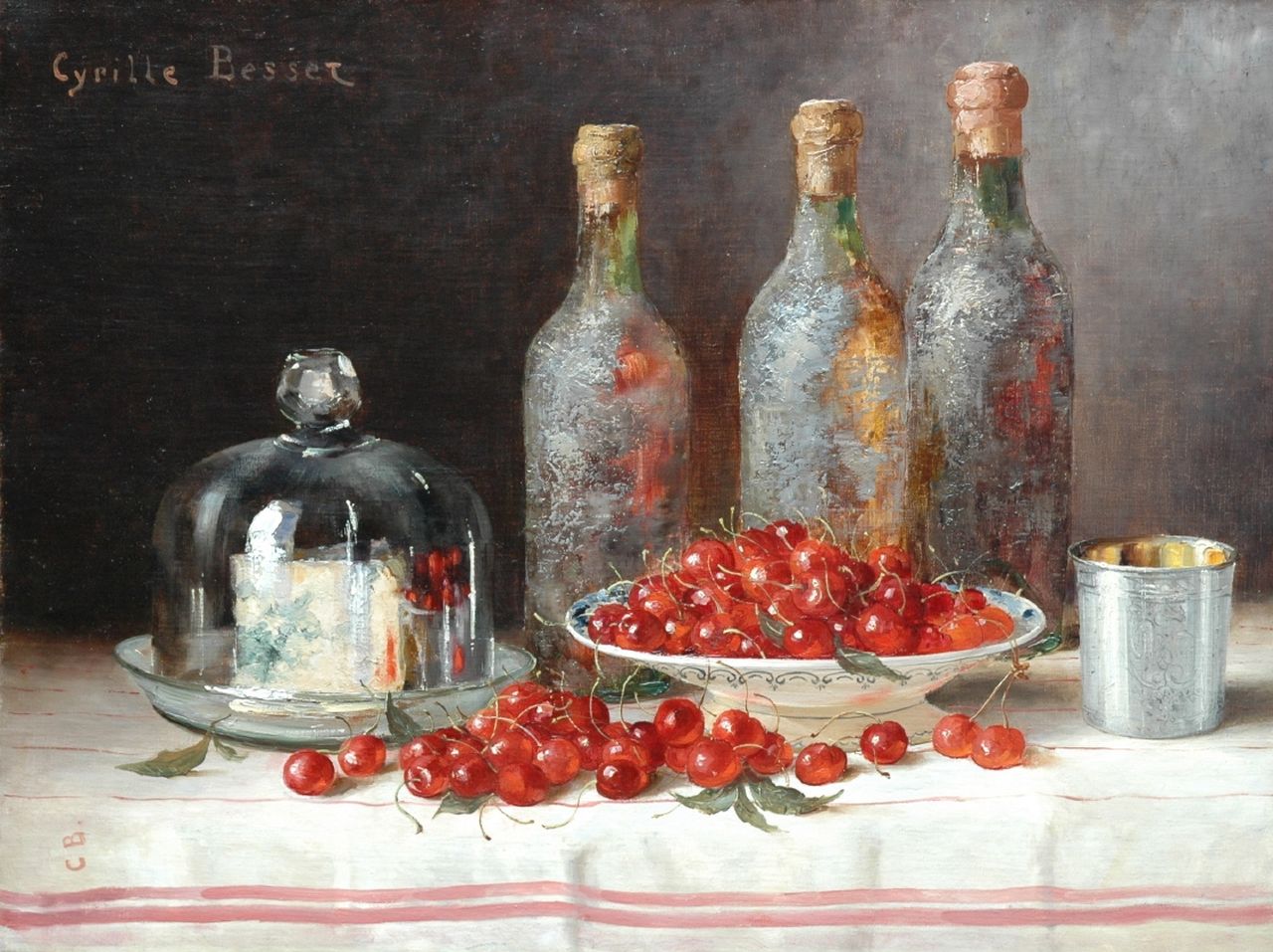 Besset C.  | Cyrille Besset, A still life with bottles, cheese and cherries, oil on canvas 49.4 x 65.0 cm, signed u.l. and l.l. with initials