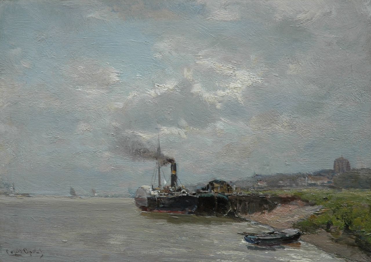 Apol L.F.H.  | Lodewijk Franciscus Hendrik 'Louis' Apol, A paddle steamer near Veere, oil on panel 26.6 x 37.5 cm, signed l.l.