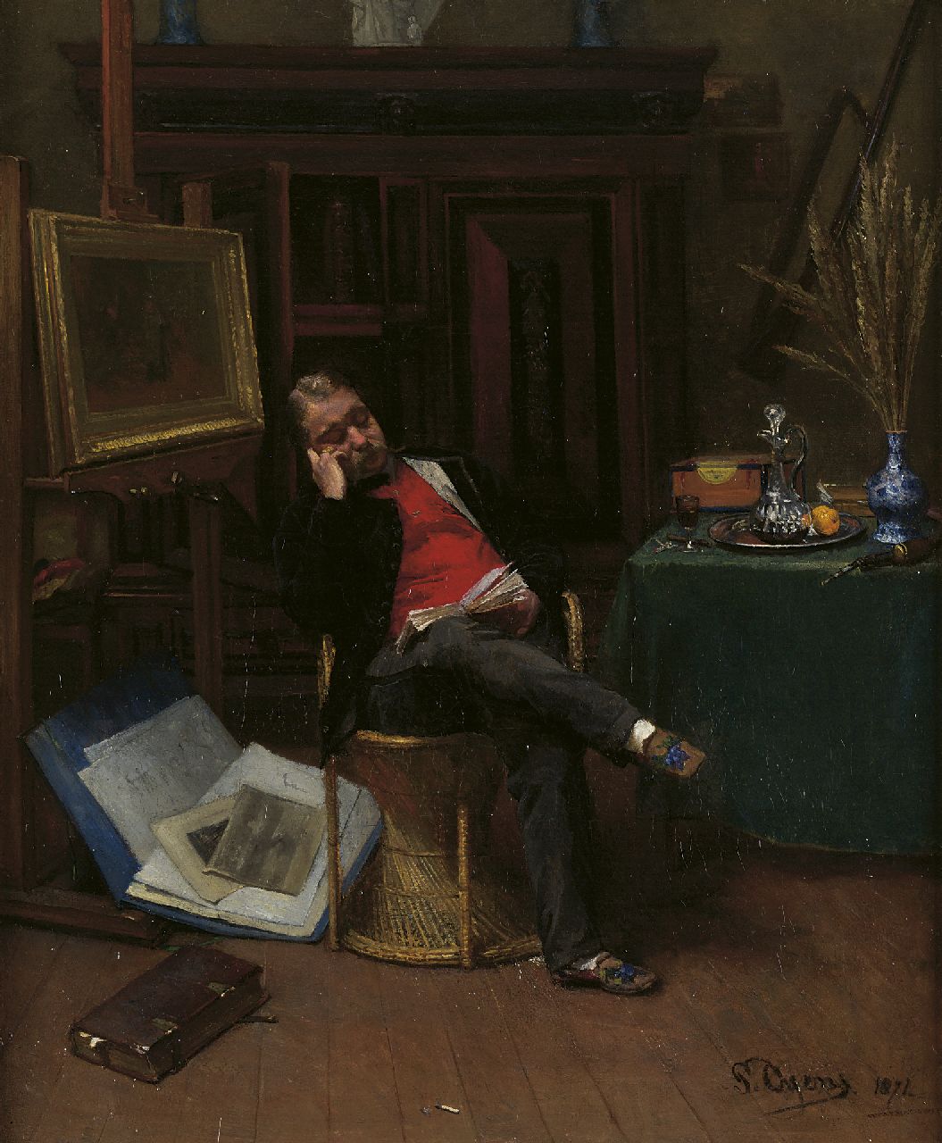 Oyens P.  | Pieter Oyens, Reading in the artist's studio, oil on canvas 64.8 x 53.5 cm, signed l.r. and dated 1871