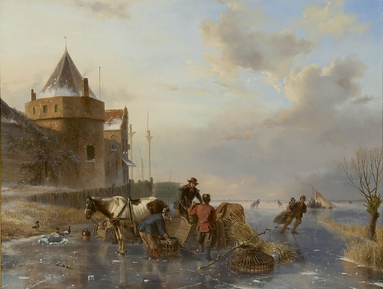 Roosenboom N.J.  | Nicolaas Johannes Roosenboom, Unloading the horse's sledge near the Schreierstoren, Amsterdam, oil on panel 63.5 x 83.4 cm, signed l.l. and painted between 1844-1845