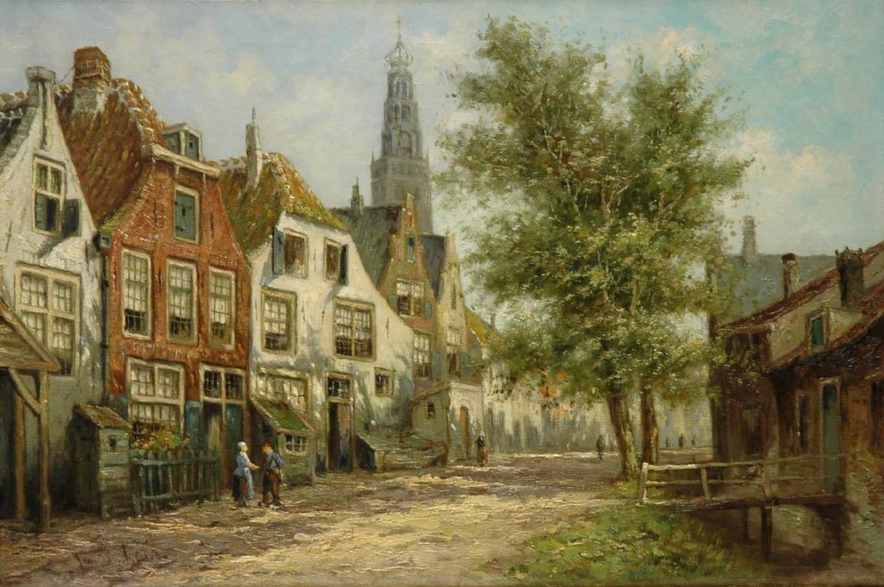Laar J. van | Jan van Laar, Figures in a street, with the Bakenessekerk beyond, oil on canvas 40.2 x 60.3 cm, signed l.l. and on the reverse