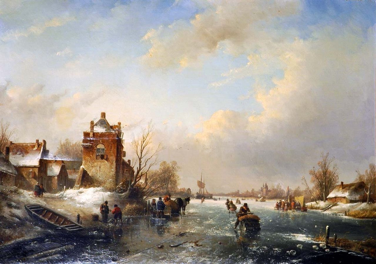 Spohler J.J.  | Jan Jacob Spohler, Skaters on a frozen waterway, oil on canvas 58.3 x 81.8 cm, signed l.l.