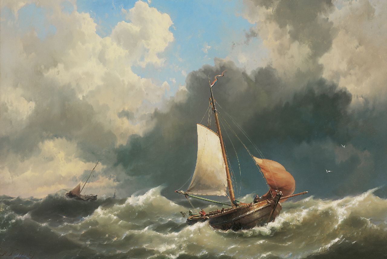 Koekkoek jr. H.  | Hermanus Koekkoek jr., Fishing boats on wild seas, oil on canvas 113.0 x 166.0 cm, signed l.l. and dated 1859