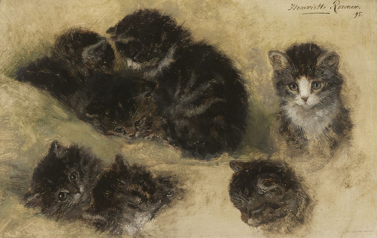 Ronner-Knip H.  | Henriette Ronner-Knip, Study of kittens, oil on paper laid down on panel 25.1 x 39.7 cm, signed u.r. and painted '95