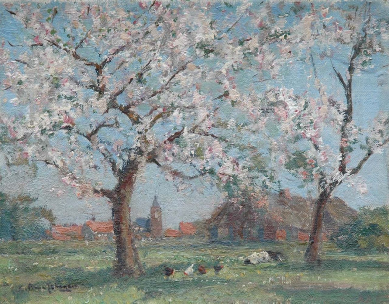 Schagen G.F. van | Gerbrand Frederik van Schagen, Chickens under blossoming trees, oil on canvas laid down on panel 19.3 x 24.5 cm, signed l.l.