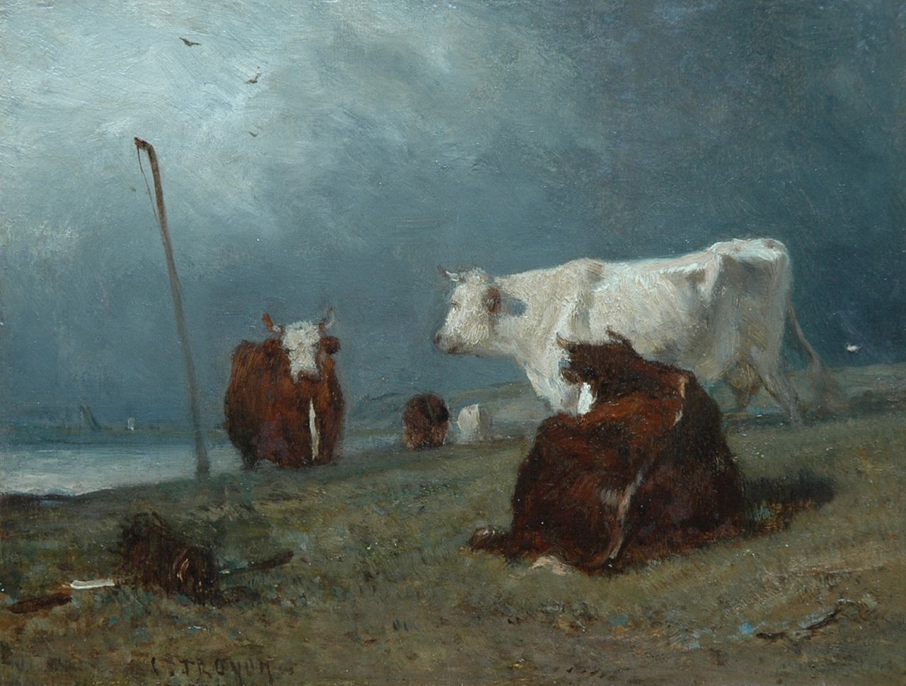 Troyon C.  | Constant Troyon, Four cows along the waterside, oil on panel 18.7 x 24.8 cm, signed c.l.