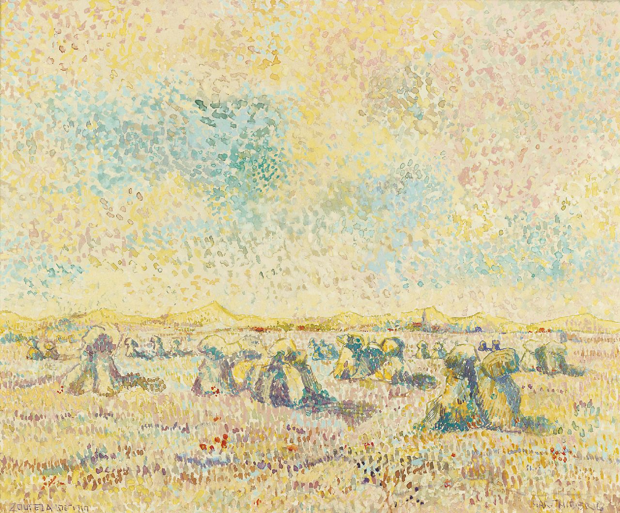 Hart Nibbrig F.  | Ferdinand Hart Nibbrig, Harvest time in the dunes of Zoutelande, watercolour on paper 45.5 x 55.0 cm, signed l.r. and dated 'Zoutelande 1910'