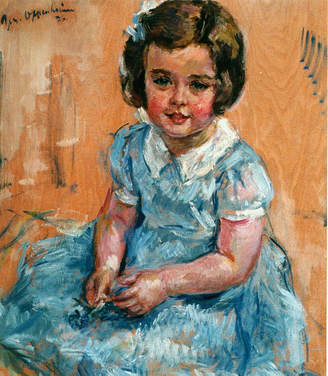 Oppenheimer J.  | Joseph Oppenheimer, A young girl in a blue dress, oil on panel 75.0 x 63.0 cm, signed u.l. and dated '36