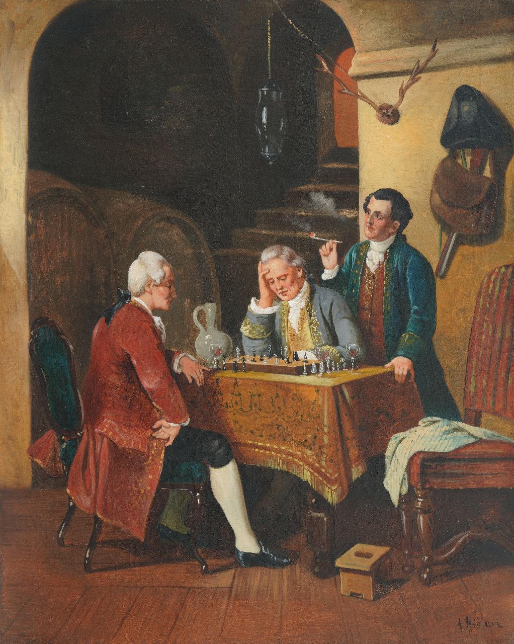 Engelse School, 19e eeuw   | Engelse School, 19e eeuw | Paintings offered for sale | Playing chess in the cellar, oil on canvas 69.0 x 55.8 cm, gesigneerd rechtsonder