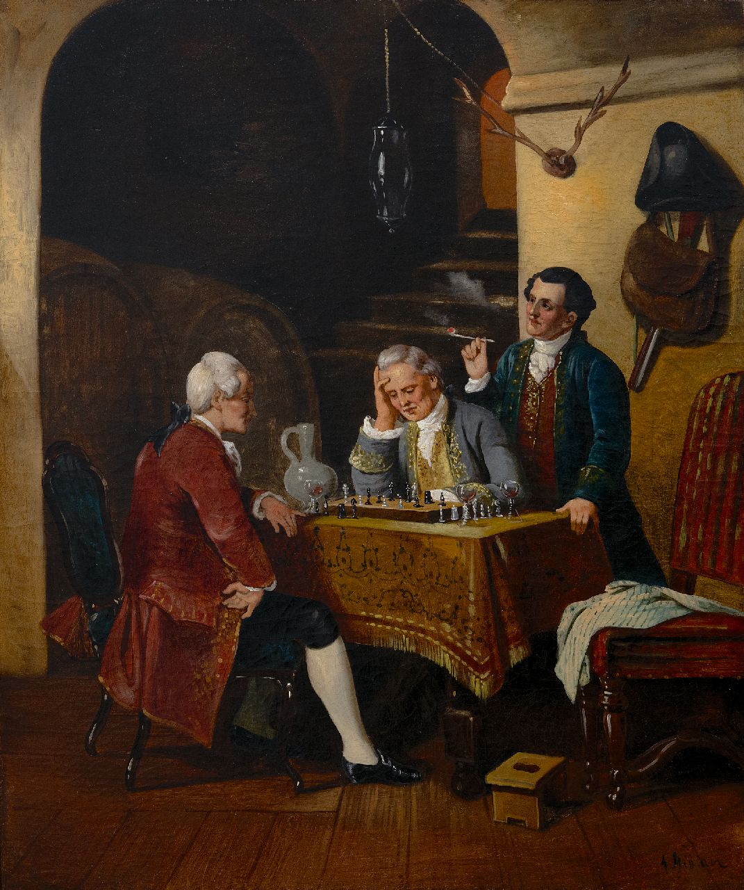Engelse School | Playing chess in the cellar, oil on canvas, 69.0 x 55.8 cm, gesigneerd r.o.