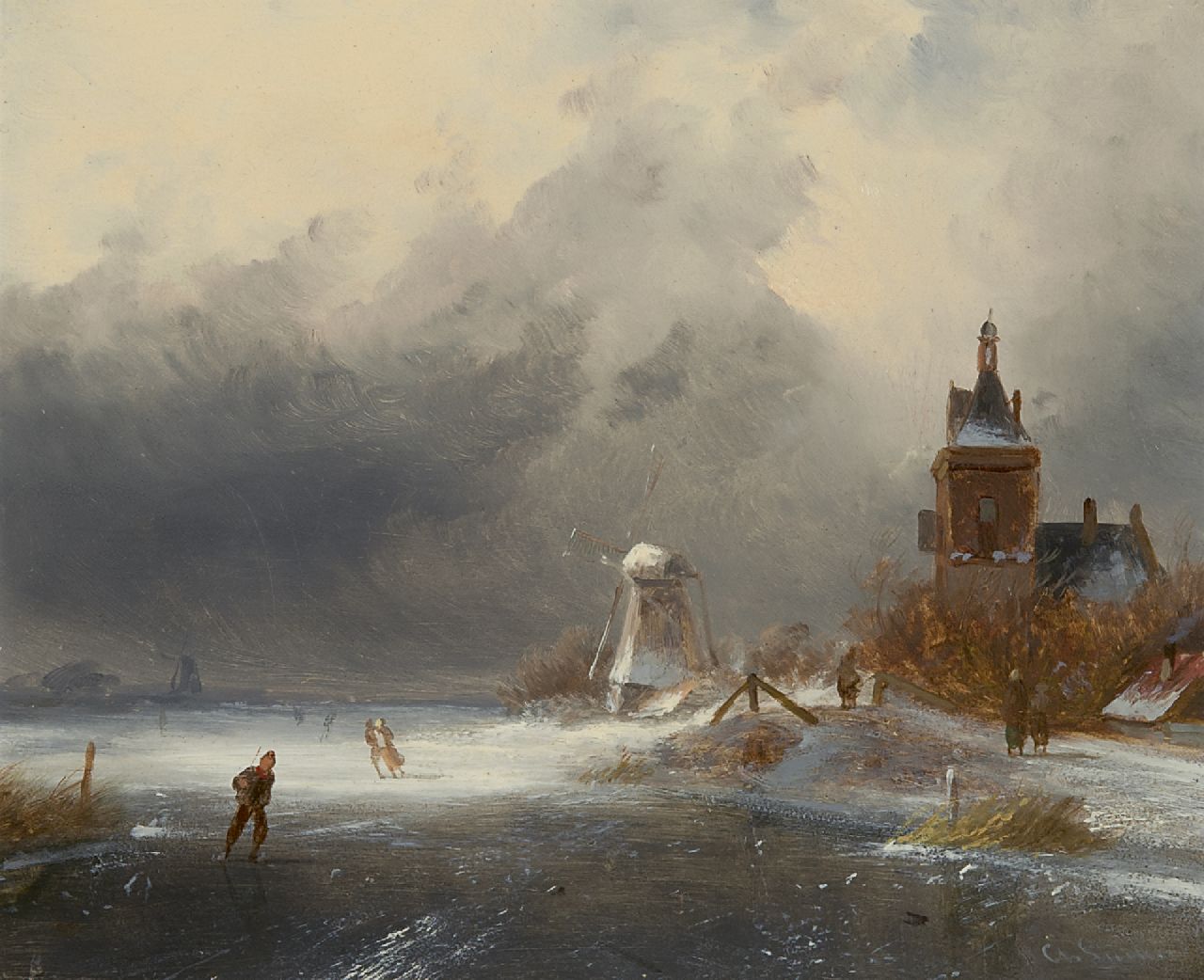 Leickert C.H.J.  | 'Charles' Henri Joseph Leickert, Skaters on a frozen waterway, oil on panel 18.5 x 22.5 cm, signed l.r.