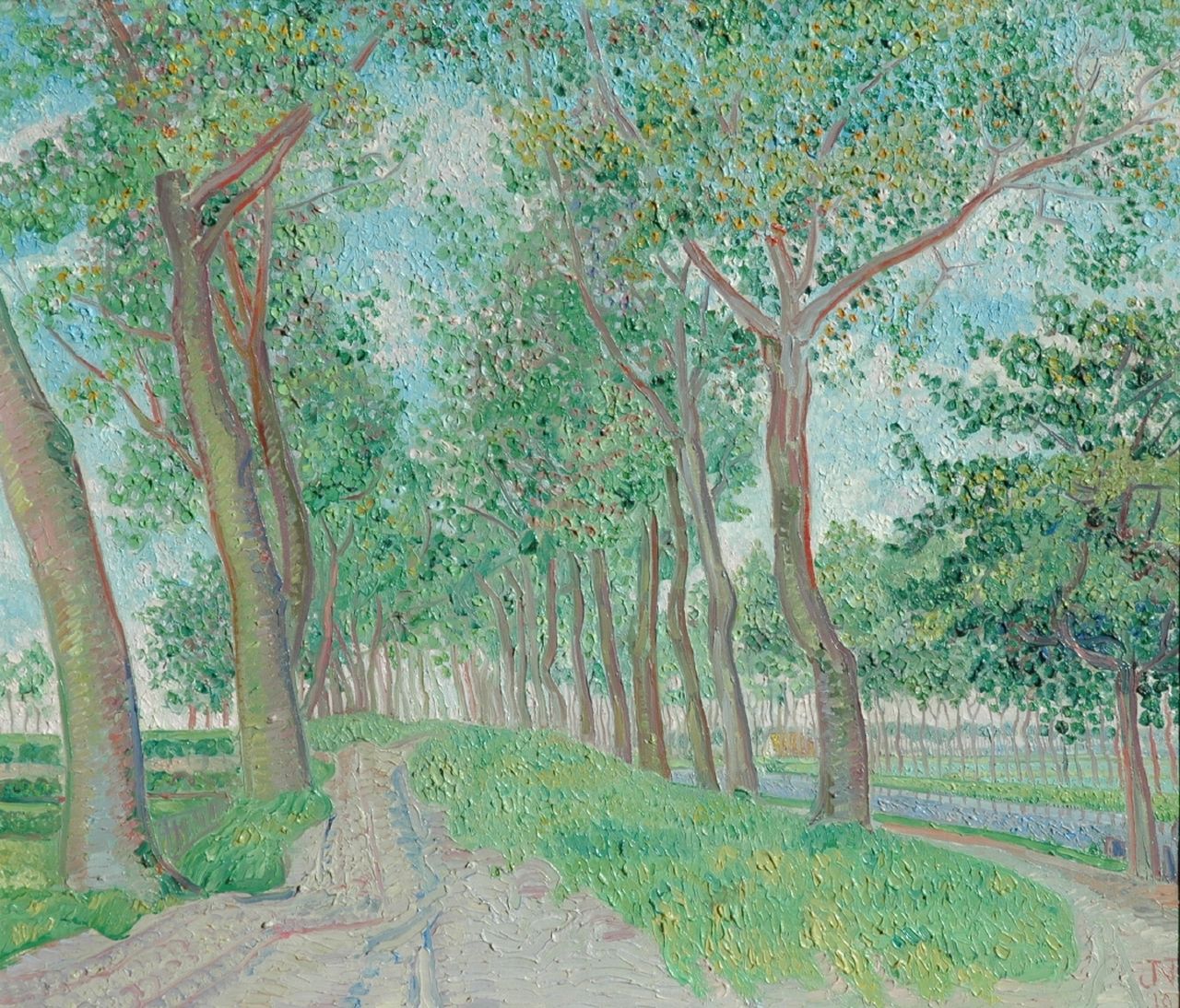 Nieweg J.  | Jakob Nieweg, A country road, oil on canvas 60.0 x 70.5 cm, signed l.r. with monogram and dated 1915