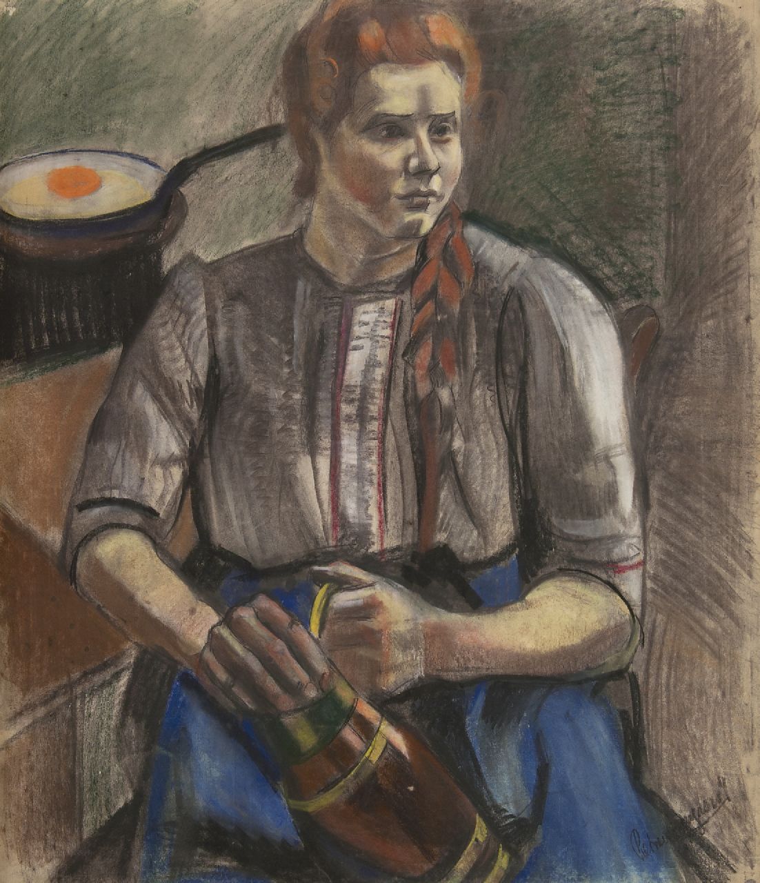 Wijngaerdt P.T. van | Petrus Theodorus 'Piet' van Wijngaerdt | Watercolours and drawings offered for sale | Kitchen interior with a farm maid, charcoal and pastel on paper 100.0 x 87.0 cm, signed l.r. and pained ca. 1921