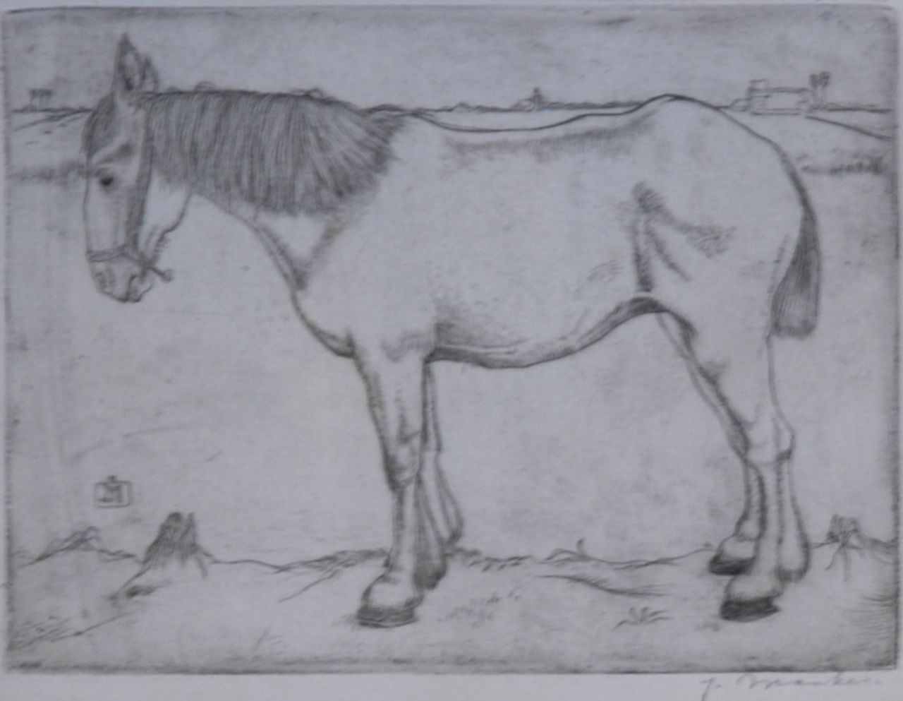 Mankes J.  | Jan Mankes, A horse, etching on paper 11.8 x 15.8 cm, signed l.r. in pencil and m.l. with monogram in the plate and painted in 1917