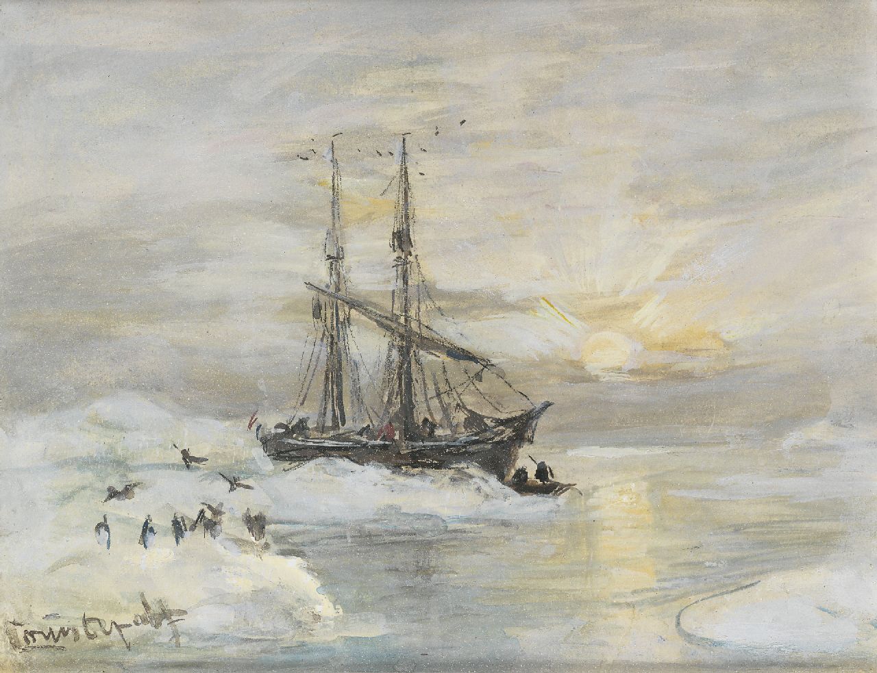 Apol L.F.H.  | Lodewijk Franciscus Hendrik 'Louis' Apol, The Willem Barentsz in Spitsbergen, gouache on paper 11.2 x 14.0 cm, signed l.l.